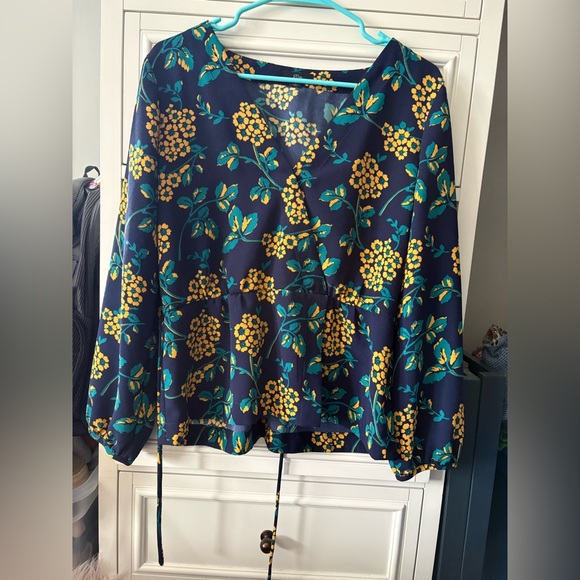 J. Crew Tops - J. Crew Navy V-Neck Blouse with Yellow and Teal Floral Design size L